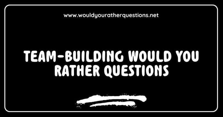 Team-building activity featuring a group of colleagues engaging in fun 'Would You Rather' questions, such as 'Would you rather have the ability to fly or be invisible?' and 'Would you rather always have to tell the truth or always lie?' The image captures the excitement and laughter shared among team members