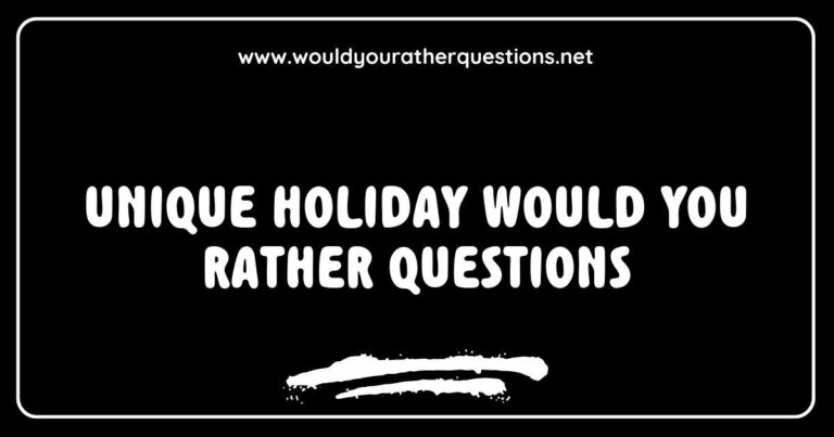 Colorful graphic featuring unique holiday 'Would You Rather' questions, such as 'Would you rather spend Christmas on a tropical beach or in a cozy cabin in the mountains?' and 'Would you rather have a snowball fight or build a snowman?' Ideal for family gatherings, this image highlights fun