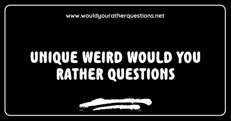 An engaging graphic featuring unique and weird 'Would You Rather' questions, showcasing creative prompts like 'Would you rather have the ability to talk to animals or become invisible at will?' and 'Would you rather always have to sing instead of speak or dance everywhere you go?' This image highlights fun and thought