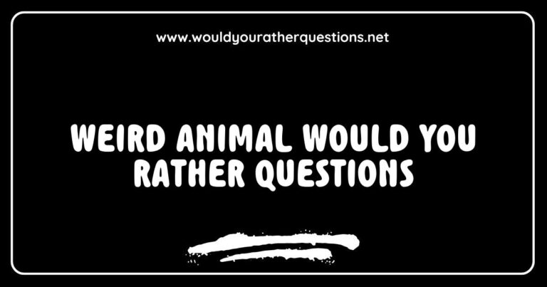 Colorful illustration of quirky 'Would You Rather' questions featuring weird animals, such as choosing between a talking giraffe or a dancing octopus. The image showcases playful scenarios, like 'Would you rather have a pet dragon or a pet unicorn?' highlighting humorous and imaginative options for fun conversations about bizarre
