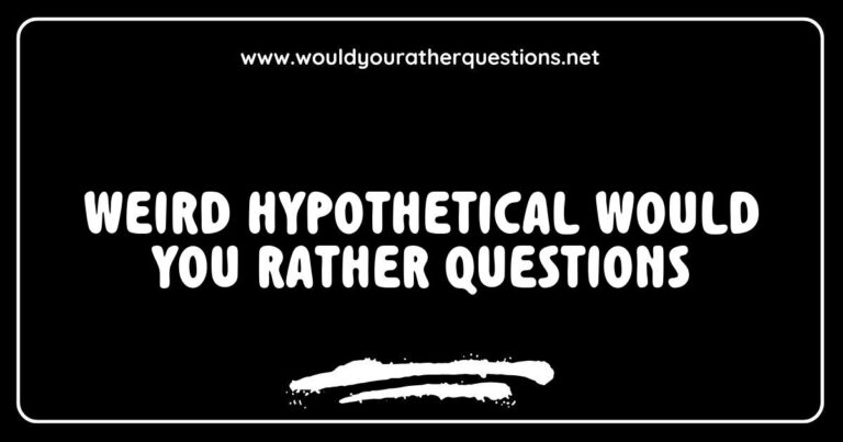 An intriguing collection of weird hypothetical 'Would You Rather' questions displayed on a colorful background, featuring quirky scenarios like 'Would you rather have the ability to speak to animals or become invisible?' and 'Would you rather fight one horse-sized duck or a hundred duck-sized horses?' This image captures the fun