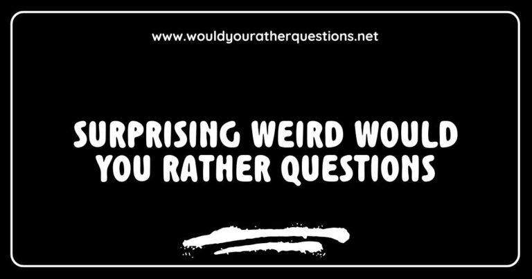 An engaging collage of quirky 'Would You Rather' questions featuring bizarre scenarios, such as 'Would you rather have to speak in rhymes for a week or only be able to communicate using emojis?' and 'Would you rather fight one horse-sized duck or a hundred duck-sized horses?' This image captures