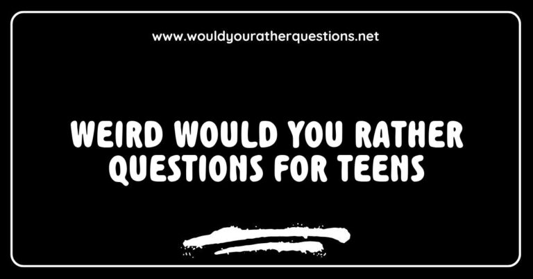 Colorful graphic featuring a list of weird 'Would You Rather' questions for teens, including options like 'Would you rather have a pet dinosaur or a pet dragon?' and 'Would you rather always have to sing instead of speak or dance instead of walk?' This engaging image captures the fun and quirky