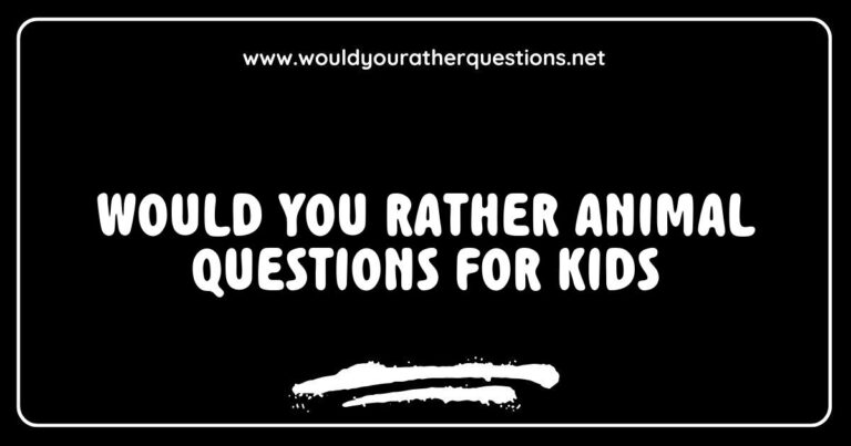 Colorful illustration of a group of children excitedly discussing 'Would You Rather' animal questions for kids, featuring playful animals like a lion and a dolphin. The image showcases kids pondering fun dilemmas such as 'Would you rather have a pet dinosaur or a pet dragon?' and 'Would you rather