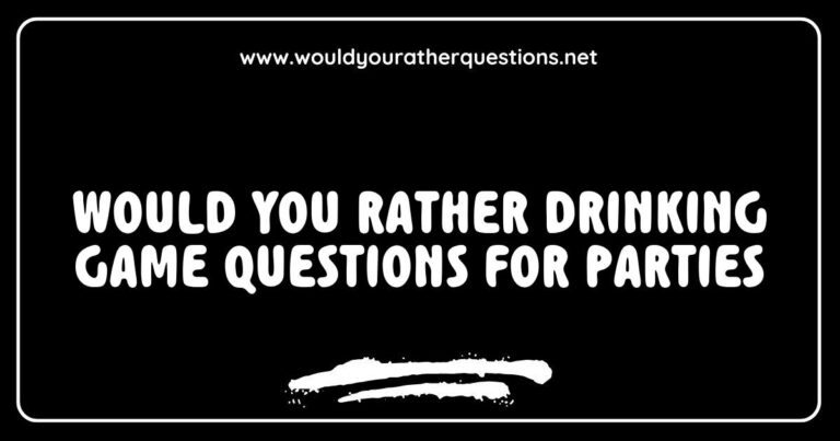 Alt text: A vibrant party scene featuring friends enjoying the 'Would You Rather' drinking game, with thought-provoking questions like 'Would you rather always have to sing instead of speak or dance everywhere you go?' and 'Would you rather drink a gallon of pickle juice or a gallon of chocolate syrup?'