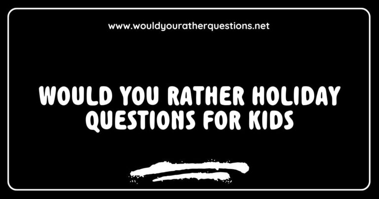Colorful illustration of children engaging in a fun game of 'Would You Rather' during a holiday gathering, featuring popular holiday-themed questions like 'Would you rather have snowball fights or build a snowman?' and 'Would you rather eat candy canes or gingerbread cookies?' Perfect for families looking