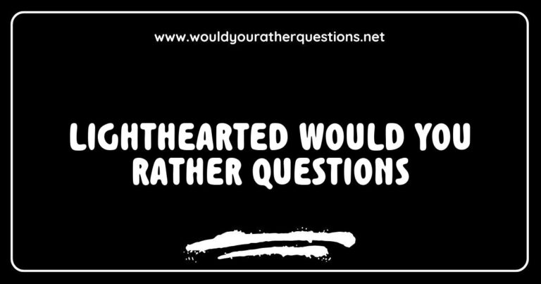 Fun and engaging lighthearted 'Would You Rather' questions displayed on a colorful background, featuring prompts like 'Would you rather fly like a bird or swim like a fish?' and 'Would you rather have the ability to talk to animals or be able to time travel?' Perfect for sparking laughter and