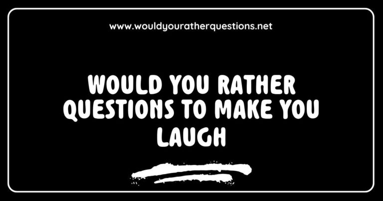 Funny 'Would You Rather' questions to make you laugh, featuring a colorful background with playful illustrations of quirky scenarios like choosing between a pet dinosaur or a pet dragon, and deciding whether to always speak in rhymes or sing everything instead. Ideal for parties and icebreakers, this image captures the
