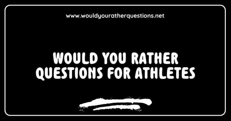 Engaging image featuring a group of athletes contemplating fun 'Would You Rather' questions, such as 'Would you rather run a marathon or swim a triathlon?' and 'Would you rather play in the Olympics or win a World Championship?' This visual captures the excitement and camaraderie among athletes as they