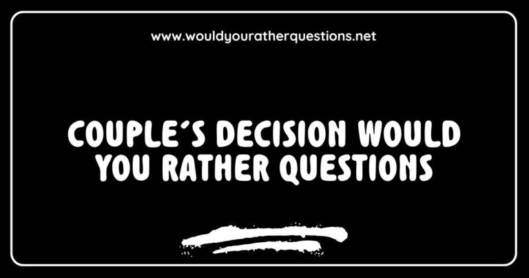 Engaging couple’s decision 'Would You Rather' questions displayed on a notepad, featuring prompts like 'Would you rather travel to the past or the future?' and 'Would you rather have a romantic dinner or an adventurous outing?' This image showcases fun and thought-provoking conversation starters for couples looking to