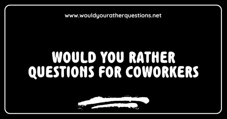 Engaging image showcasing a group of coworkers enjoying a fun team-building activity with 'Would You Rather' questions for coworkers, featuring creative prompts like 'Would you rather have a coffee break every hour or a long lunch break?' and 'Would you rather work from home or in the office?' This visual