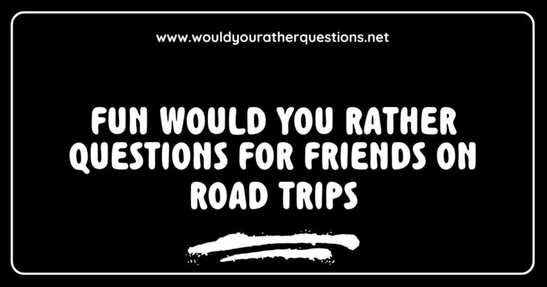 Group of friends enjoying a road trip, laughing while discussing fun 'Would You Rather' questions like 'Would you rather have a picnic on the beach or a barbecue in the mountains?' and 'Would you rather travel to the past or the future?'. The image captures the joy of bonding over entertaining
