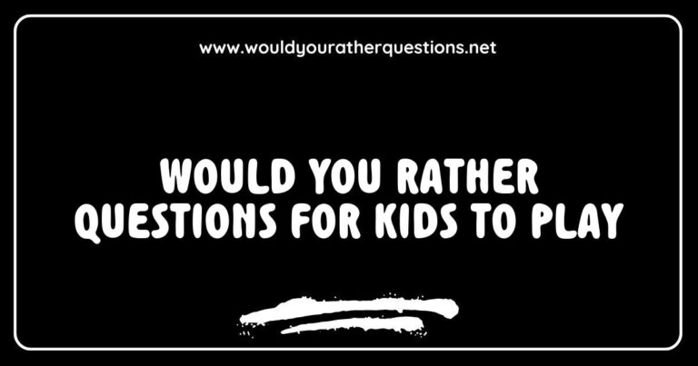 Colorful illustration of children playing a game of 'Would You Rather' with fun question prompts like 'Would you rather have the ability to fly or be invisible?' and 'Would you rather eat ice cream for breakfast or pizza for dinner?' This engaging image showcases kids enjoying creative and entertaining 'Would You