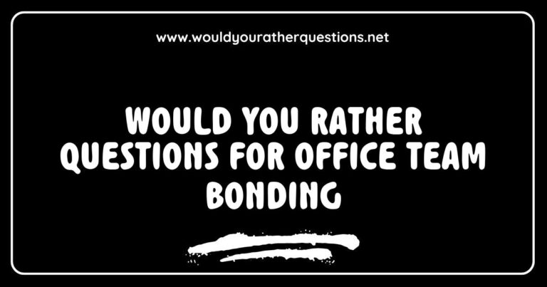 Engaging image of a team gathered around a table, laughing and discussing fun 'Would You Rather' questions for office team bonding, featuring colorful question cards. The scene captures coworkers bonding over scenarios like 'Would you rather work from home forever or work in an office with unlimited snacks?' and 'Would