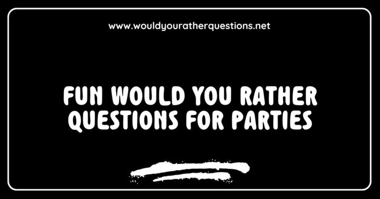 Colorful party scene featuring friends laughing and engaging in 'Would You Rather' questions, such as 'Would you rather have the ability to fly or be invisible?' and 'Would you rather always have to sing instead of speak or dance everywhere you go?' Perfect for sparking fun conversations at gatherings,
