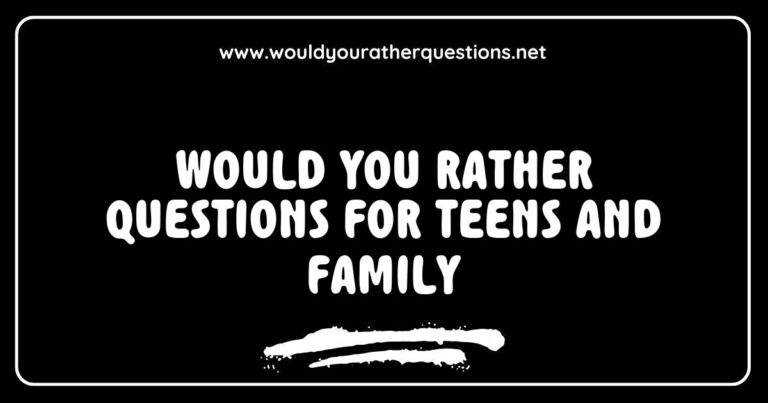 Alt text: Engaging image of a family gathered around a table, excitedly discussing 'Would You Rather' questions for teens and family game night. The scene showcases diverse teens and adults laughing as they ponder fun and thought-provoking options like 'Would you rather travel to the past or the future?'