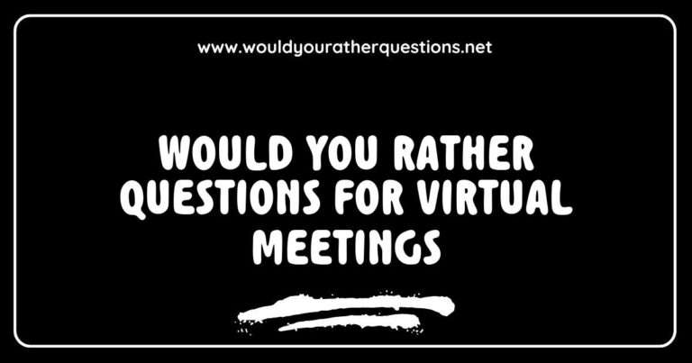 Engaging image featuring a virtual meeting setup with participants sharing 'Would You Rather' questions, such as 'Would you rather work from the beach or a cozy cabin?' and 'Would you rather have a virtual happy hour or a team game night?' Ideal for enhancing team bonding and sparking fun conversations
